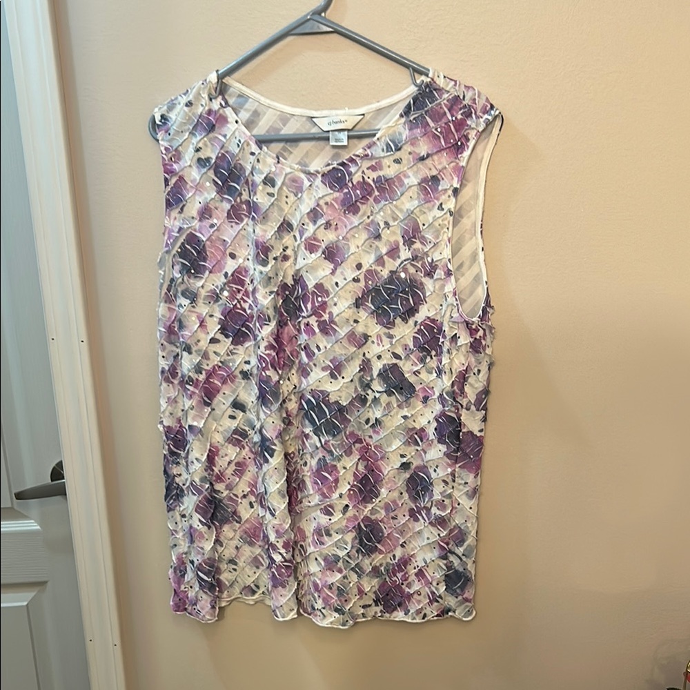 CJ Banks Purple and White Sleeveless Floral Blouse